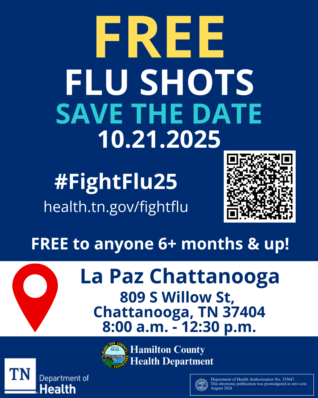 FREE Flu Shots. Save the Date - 10/21/2025 at La Paz Chattanooga from 8am to 12:30pm